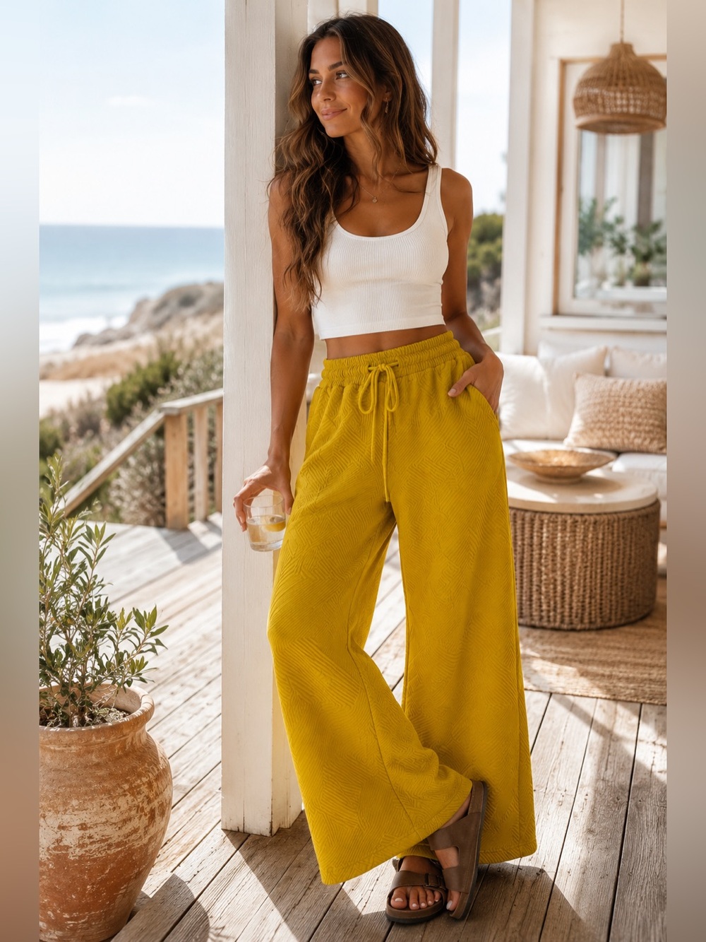 Mustard Yellow Textured Wide Leg Pants Boho Lounge Chic M